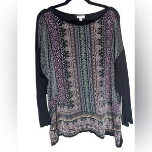 J Jill Woman Black Regal Paisley Top Tunic Boho Print Front Knit Back Size 2X